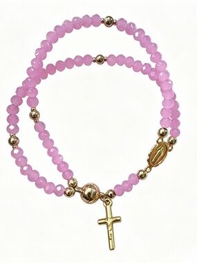 Pink Beaded Rosary Bracelet with Gold Cross Charm and magnetic clasp
